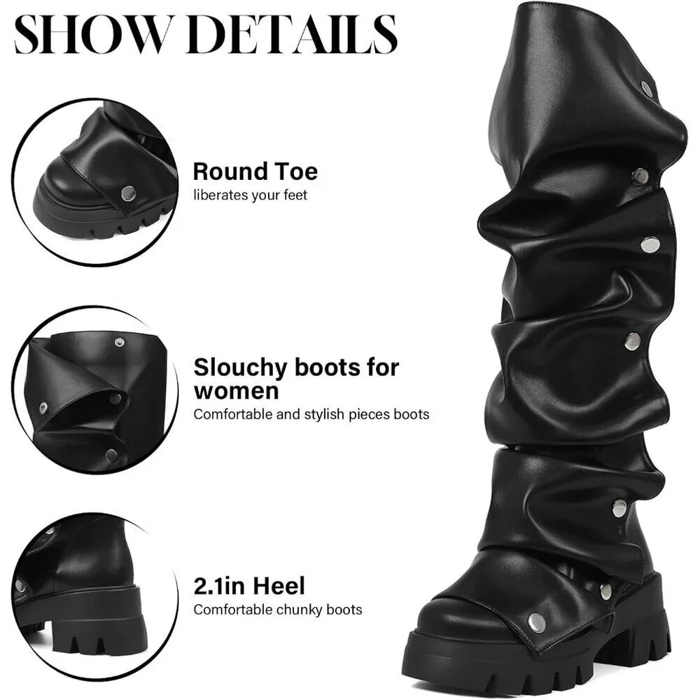 Women's Black Pu Fold Over Knee Slouchy Ruched Stacked Heel Round Toe Boots